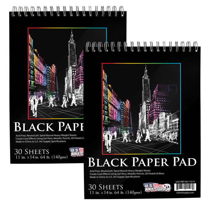 11 x 14" Premium Heavy-Weight Black Paper Sketchbook, 64lb (140gsm), 2 Pack, 30 Sheets, Spiral Bound, Black Paper Notebook for Colored Pencil, Markers, Oil Pastels, Chalk, Charcoal