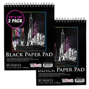 11 x 14" Premium Heavy-Weight Black Paper Sketchbook, 64lb (140gsm), 2 Pack, 30 Sheets, Spiral Bound, Black Paper Notebook for Colored Pencil, Markers, Oil Pastels, Chalk, Charcoal