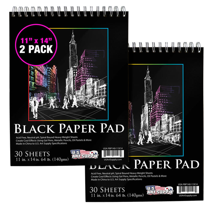 11 x 14" Premium Heavy-Weight Black Paper Sketchbook, 64lb (140gsm), 2 Pack, 30 Sheets, Spiral Bound, Black Paper Notebook for Colored Pencil, Markers, Oil Pastels, Chalk, Charcoal