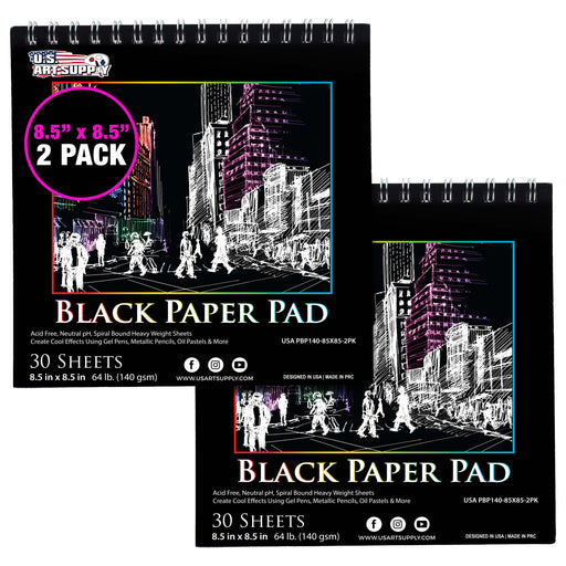 8.5 x 8.5" Premium Heavy-Weight Black Paper Sketchbook, 64lb (140gsm), 2 Pack, 30 Sheets, Spiral Bound, Black Paper Notebook for Colored Pencil, Markers, Oil Pastels, Chalk, Charcoal