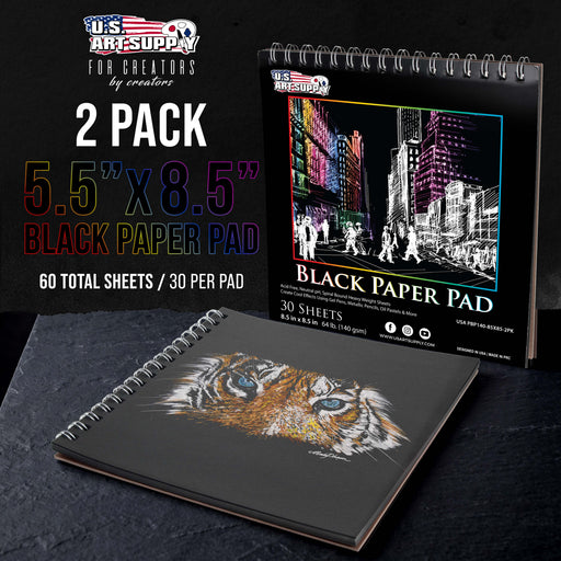 8.5 x 8.5" Premium Heavy-Weight Black Paper Sketchbook, 64lb (140gsm), 2 Pack, 30 Sheets, Spiral Bound, Black Paper Notebook for Colored Pencil, Markers, Oil Pastels, Chalk, Charcoal