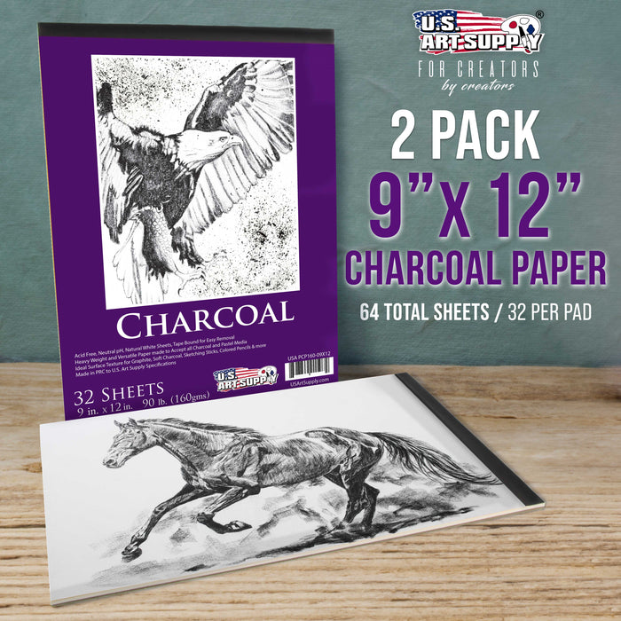 9" x 12" Premium Heavy-Weight Charcoal Sketchbook (2 Pack, 64 Sheets Total) - 90lb (160gsm) Sketch Book Pad for Charcoal, Pencil & Pastel Drawing