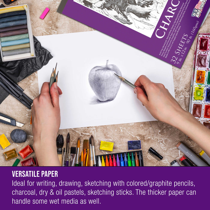 9" x 12" Premium Heavy-Weight Charcoal Sketchbook (2 Pack, 64 Sheets Total) - 90lb (160gsm) Sketch Book Pad for Charcoal, Pencil & Pastel Drawing