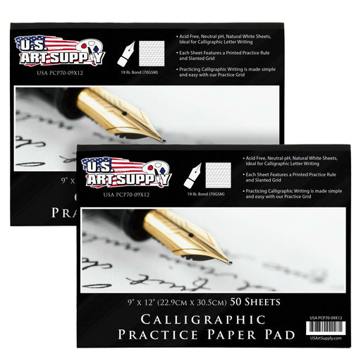Calligraphy Practice Paper Pad (2 Pack) - 9" x 12", 19lb Bond (70gsm), Pad of 50 Sheets (100 Total) with Printed Slanted Grid - Calligraphy Practice Book for Beginners