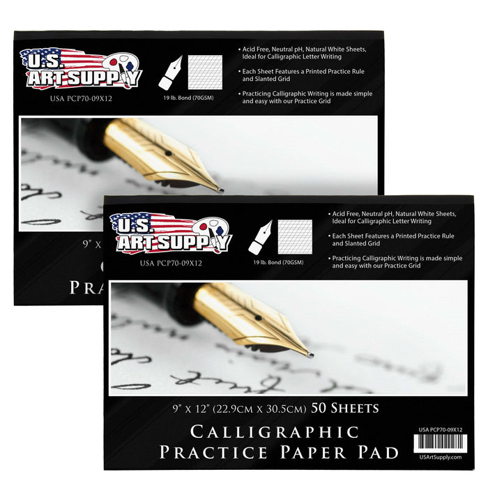 Calligraphy Practice Paper Pad (2 Pack) - 9" x 12", 19lb Bond (70gsm), Pad of 50 Sheets (100 Total) with Printed Slanted Grid - Calligraphy Practice Book for Beginners