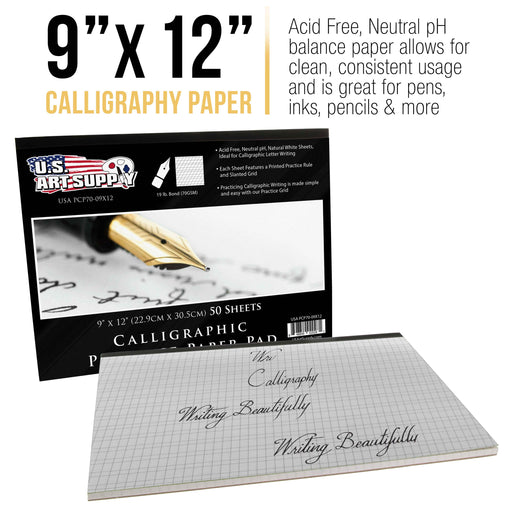 9" x 12" Premium Calligraphic Practice Paper Pad, 19 Pound Bond (70gsm), Pad of 50-Sheets, Paper Contains Printed Practice Rule & Slanted Grid, 2 Pack