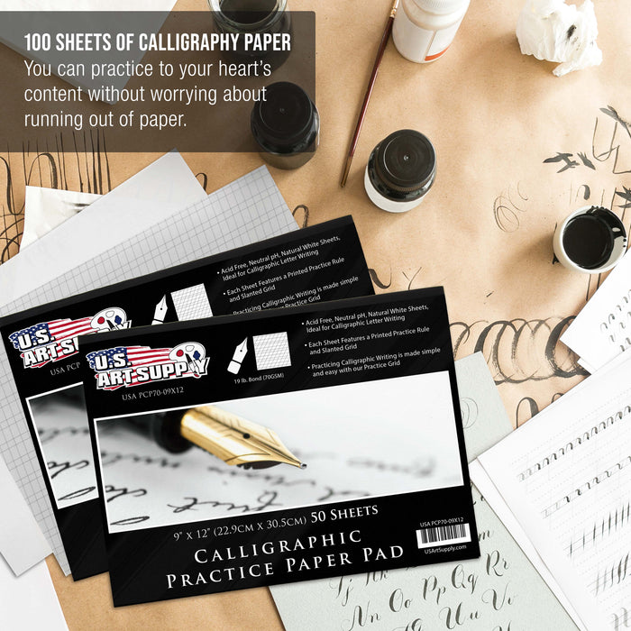 Calligraphy Practice Paper Pad (2 Pack) - 9" x 12", 19lb Bond (70gsm), Pad of 50 Sheets (100 Total) with Printed Slanted Grid - Calligraphy Practice Book for Beginners