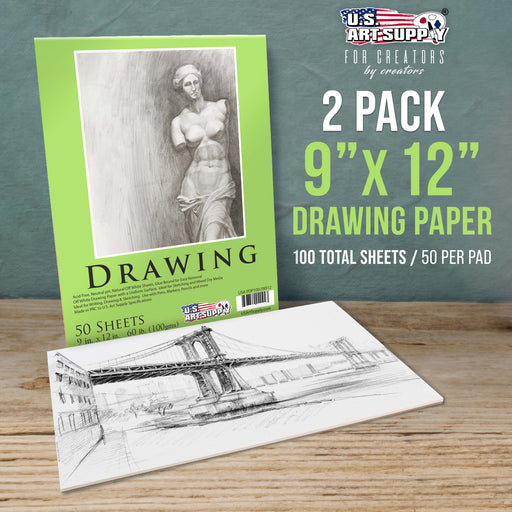 9" x 12" Premium Drawing Pad, Pack of 2 (50 Sheets Each), 60 lb (100 gsm) - Artist Sketch Book, Mixed Media Paper, Sketchbook for Drawing, Colored Pencils, Charcoal - Adults, Students
