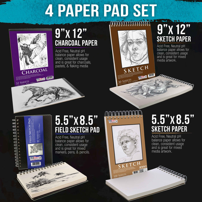 U.S. Art Supply Set of 4 Different Styles of Sketching and Drawing Paper Pads - 2 Each 5.5" x 8.5" & 9" x 12" Spiral Bound Sketch, Draw, Charcoal Pads