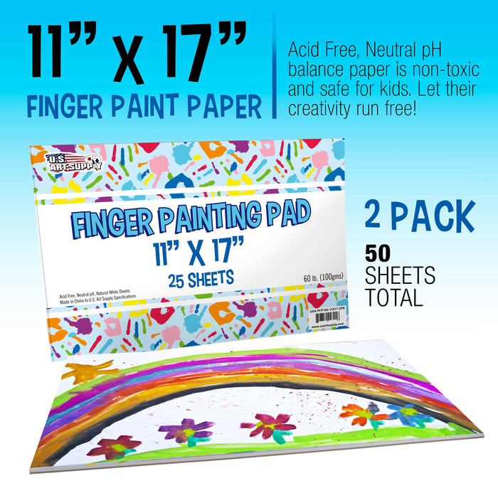11” x 17" Large Finger Painting Pad (2 Pack, 25 Sheets Each) - 60lb (100gsm) Acid-Free Coated Sheets, Finger Paint Paper for Painting, Drawing, Crafts, Artwork - Kids, Toddlers