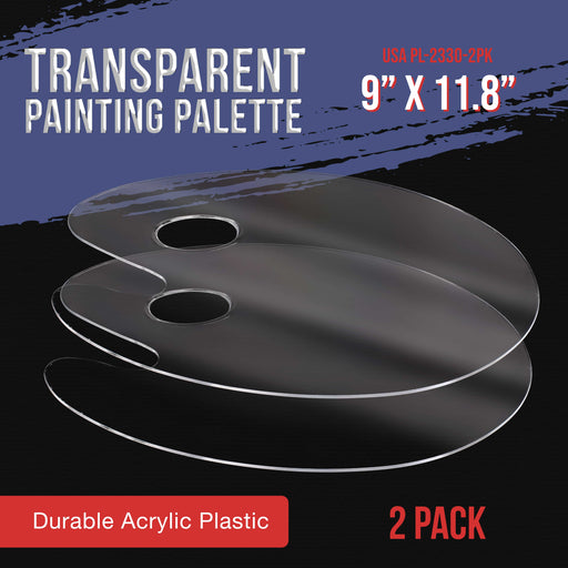 U.S. Art Supply 9" x 11.8" Clear Oval-Shaped Acrylic Painting Palette (Pack of 2) - Transparent Plastic Artist Paint Color Mixing Trays - Non-Stick