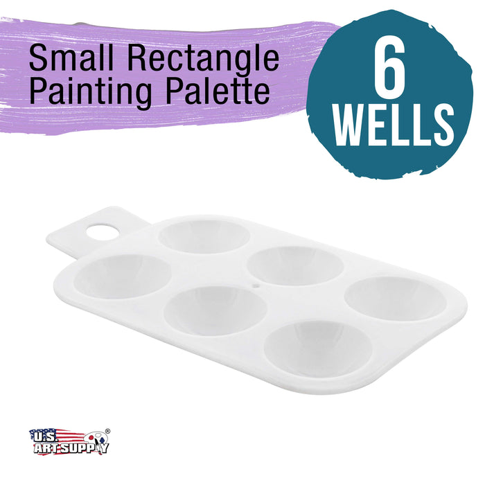 U.S. Art Supply 6-Well Plastic Rectangular Artist Painting Palette - Paint Color Mixing Tray - Kids, Students, Classroom Party, Acrylic Oil Watercolor