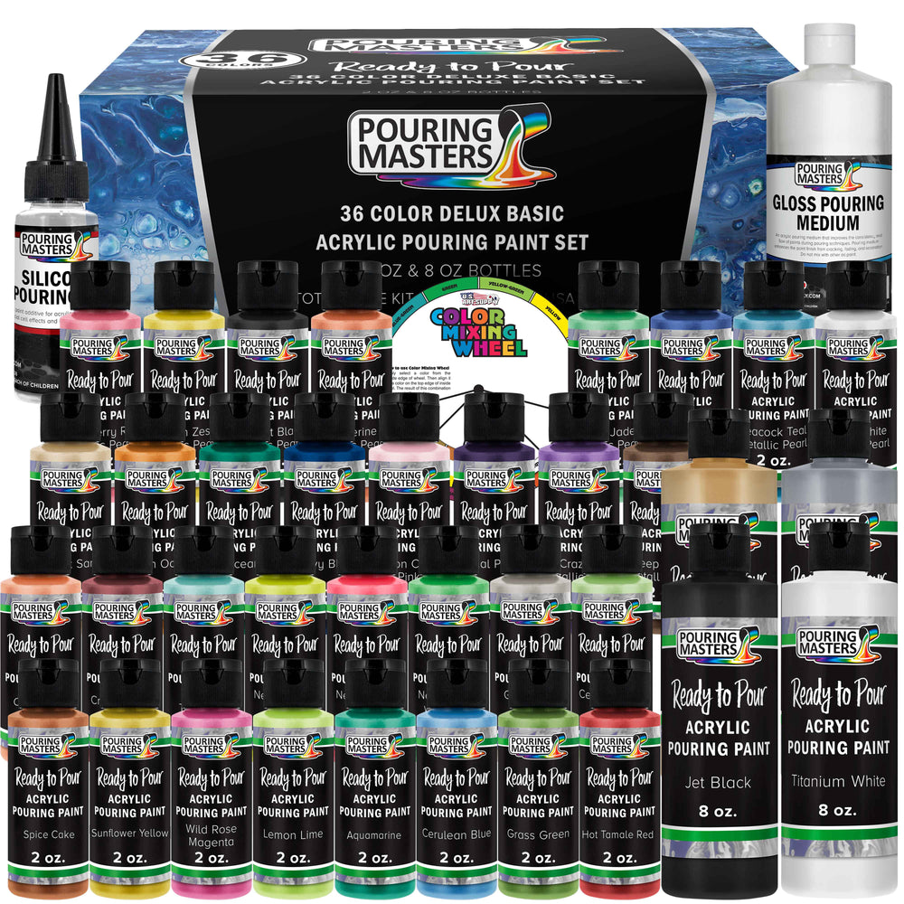 36-Color Ready to Pour Acrylic Pouring Paint Set with Silicone Oil & Gloss Medium - Premium Pre-Mixed High Flow 2-Ounce & 8-Ounce Bottles