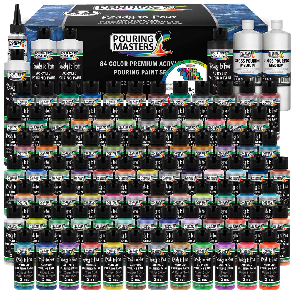 Pouring Masters 84-Color Ready to Pour Acrylic Pouring Paint Set with Silicone Oil & Gloss Medium - Premium Pre-Mixed High Flow 2-Ounce Bottles 