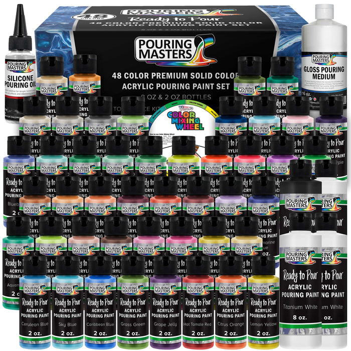 48-Color Ready to Pour Acrylic Pouring Paint Set with Silicone Oil & Gloss Medium - Premium Pre-Mixed High Flow 2-Ounce & 8-Ounce Bottles