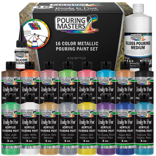 16-Color Metallic Ready to Pour Acrylic Metallic Pouring Paint Set with Silicone Oil & Gloss Medium - Premium Pre-Mixed High Flow 8-Ounce Bottles