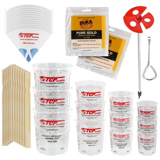 Pouring Masters Ultimate Paint Mixing Cup Kit - 12 Plastic Graduated Mixing Cups, 4 Cup Sizes - 12 Sticks, 12 Strainers, 2 Tack Cloths, Mixer Blade