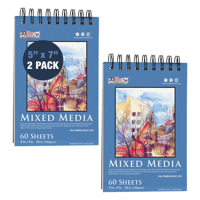 5 x 7" Mixed Media Sketchbook, 2 Pack (60 Sheets), 98 lb (160 gsm) - Spiral-Bound Pad with Perforated Acid-Free Paper - Artist Sketch Book For Drawing, Painting, Watercolor
