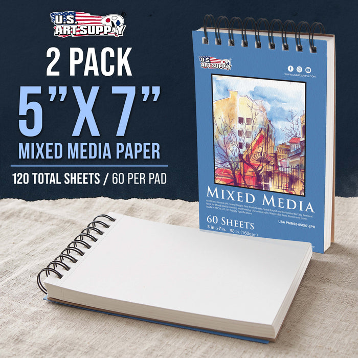 5 x 7" Mixed Media Sketchbook, 2 Pack (60 Sheets), 98 lb (160 gsm) - Spiral-Bound Pad with Perforated Acid-Free Paper - Artist Sketch Book For Drawing, Painting, Watercolor
