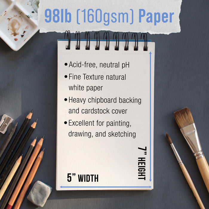 5 x 7" Mixed Media Sketchbook, 2 Pack (60 Sheets), 98 lb (160 gsm) - Spiral-Bound Pad with Perforated Acid-Free Paper - Artist Sketch Book For Drawing, Painting, Watercolor