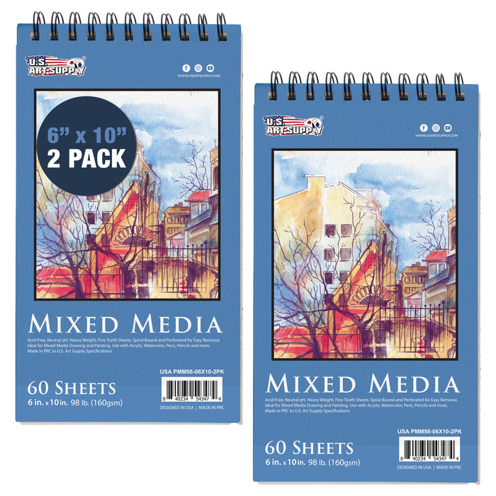6 x 10" Mixed Media Sketchbook, 2 Pack (60 Sheets), 98 lb (160 gsm) - Spiral-Bound Pad with Perforated Acid-Free Paper - Artist Sketch Book For Drawing, Painting, Watercolor