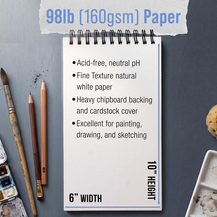 6 x 10" Mixed Media Sketchbook, 2 Pack (60 Sheets), 98 lb (160 gsm) - Spiral-Bound Pad with Perforated Acid-Free Paper - Artist Sketch Book For Drawing, Painting, Watercolor