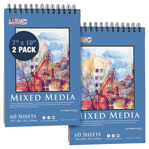 7 x 10" Mixed Media Sketchbook, 2 Pack (60 Sheets), 98 lb (160 gsm) - Spiral-Bound Pad with Perforated Acid-Free Paper - Artist Sketch Book For Drawing, Painting, Watercolor