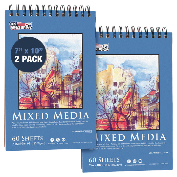 7 x 10" Mixed Media Sketchbook, 2 Pack (60 Sheets), 98 lb (160 gsm) - Spiral-Bound Pad with Perforated Acid-Free Paper - Artist Sketch Book For Drawing, Painting, Watercolor