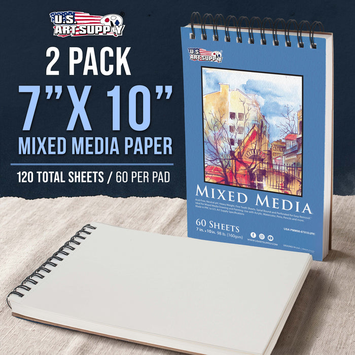 7 x 10" Mixed Media Sketchbook, 2 Pack (60 Sheets), 98 lb (160 gsm) - Spiral-Bound Pad with Perforated Acid-Free Paper - Artist Sketch Book For Drawing, Painting, Watercolor