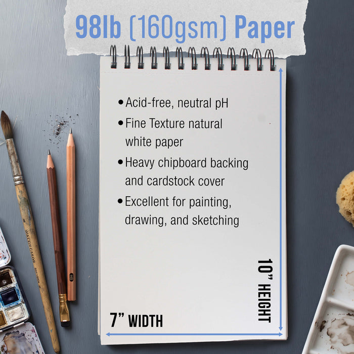 7 x 10" Mixed Media Sketchbook, 2 Pack (60 Sheets), 98 lb (160 gsm) - Spiral-Bound Pad with Perforated Acid-Free Paper - Artist Sketch Book For Drawing, Painting, Watercolor