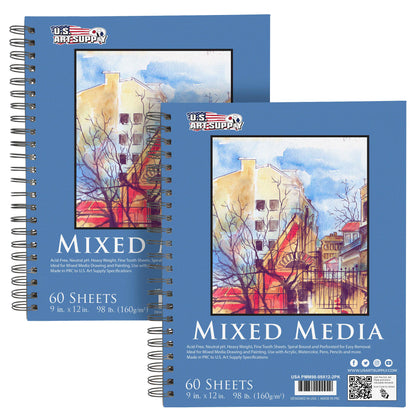 9 x 12" Mixed Media Sketchbook, 2 Pack (60 Sheets), 98 lb (160 gsm) - Spiral-Bound Pad with Perforated Acid-Free Paper - Artist Sketch Book For Drawing, Painting, Watercolor