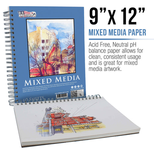 U.S. Art Supply 9" x 12" Mixed Media Paper Pad Sketchbook, 2 Pack, 60 Sheets, 98 lb (160 gsm) - Spiral-Bound, Acid-Free - Artist, Paint, Sketch, Draw