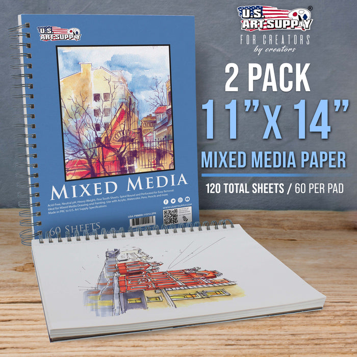 11"x14" Mixed Media Sketchbook, 2 Pack (60 Sheets), 98 lb (160 gsm) - Spiral-Bound Pad with Perforated Acid-Free Paper - Artist Sketch Book For Drawing, Painting, Watercolor