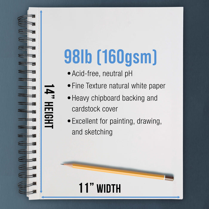 11"x14" Mixed Media Sketchbook, 2 Pack (60 Sheets), 98 lb (160 gsm) - Spiral-Bound Pad with Perforated Acid-Free Paper - Artist Sketch Book For Drawing, Painting, Watercolor
