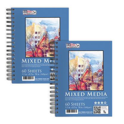 5.5 x 8.5" Mixed Media Sketchbook, 2 Pack (60 Sheets), 98 lb (160 gsm) - Spiral-Bound Pad with Perforated Acid-Free Paper - Artist Sketch Book For Drawing, Painting, Watercolor