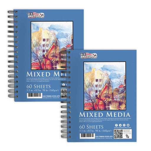 U.S. Art Supply 5.5" x 8.5" Mixed Media Paper Pad Sketchbook, 2 Pack, 60 Sheets, 98 lb (160 gsm) - Spiral-Bound, Acid-Free - Artist, Paint Sketch Draw