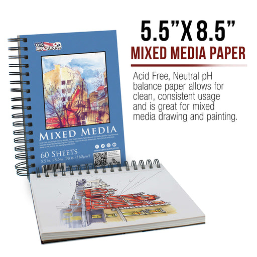 U.S. Art Supply 5.5" x 8.5" Mixed Media Paper Pad Sketchbook, 2 Pack, 60 Sheets, 98 lb (160 gsm) - Spiral-Bound, Acid-Free - Artist, Paint Sketch Draw