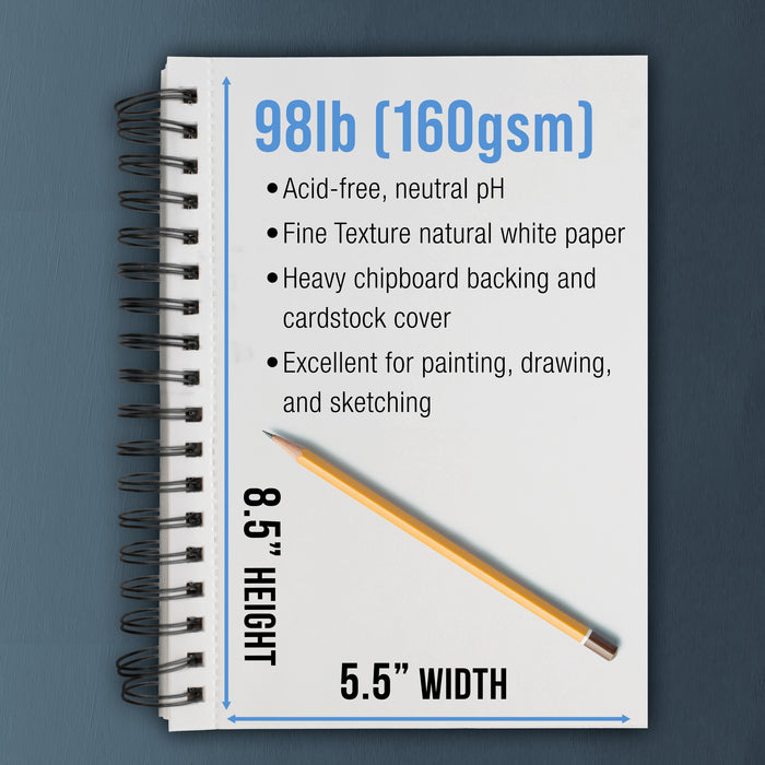 5.5"x8.5" Mixed Media Sketchbook, 2 Pack (60 Sheets), 98 lb (160 gsm) - Spiral-Bound Pad with Perforated Acid-Free Paper - Artist Sketch Book For Drawing, Painting, Watercolor