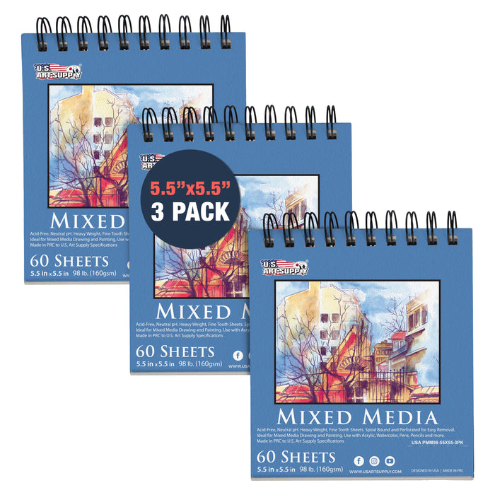 5.5 x 5.5" Mixed Media Sketchbook,3 Pack (60 Sheets), 98 lb (160 gsm) - Spiral-Bound Pad with Perforated Acid-Free Paper - Artist Sketch Book For Drawing, Painting, Watercolor