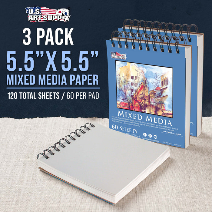 5.5 x 5.5" Mixed Media Sketchbook,3 Pack (60 Sheets), 98 lb (160 gsm) - Spiral-Bound Pad with Perforated Acid-Free Paper - Artist Sketch Book For Drawing, Painting, Watercolor