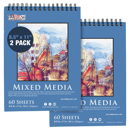 8.5 x 11" Mixed Media Sketchbook, 2 Pack (60 Sheets), 98 lb (160 gsm) - Spiral-Bound Pad with Perforated Acid-Free Paper - Artist Sketch Book For Drawing, Painting, Watercolor