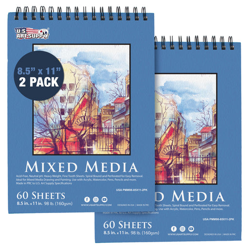 8.5 x 11" Mixed Media Sketchbook, 2 Pack (60 Sheets), 98 lb (160 gsm) - Spiral-Bound Pad with Perforated Acid-Free Paper - Artist Sketch Book For Drawing, Painting, Watercolor
