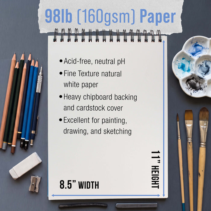 8.5 x 11" Mixed Media Sketchbook, 2 Pack (60 Sheets), 98 lb (160 gsm) - Spiral-Bound Pad with Perforated Acid-Free Paper - Artist Sketch Book For Drawing, Painting, Watercolor