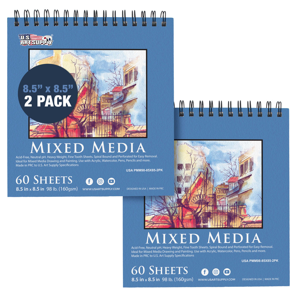 8.5 x 8.5" Mixed Media Sketchbook, 2 Pack (60 Sheets), 98 lb (160 gsm) - Spiral-Bound Pad with Perforated Acid-Free Paper - Artist Sketch Book For Drawing, Painting, Watercolor
