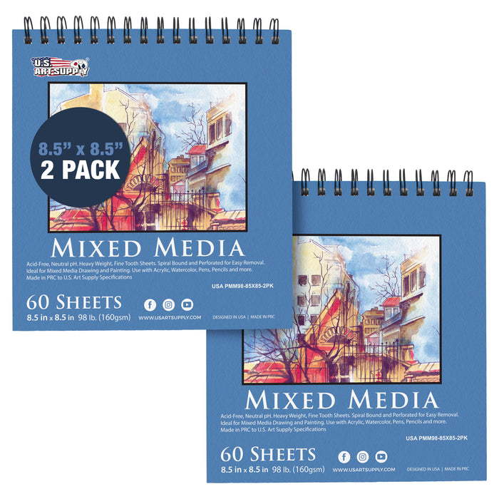 8.5 x 8.5" Mixed Media Sketchbook, 2 Pack (60 Sheets), 98 lb (160 gsm) - Spiral-Bound Pad with Perforated Acid-Free Paper - Artist Sketch Book For Drawing, Painting, Watercolor