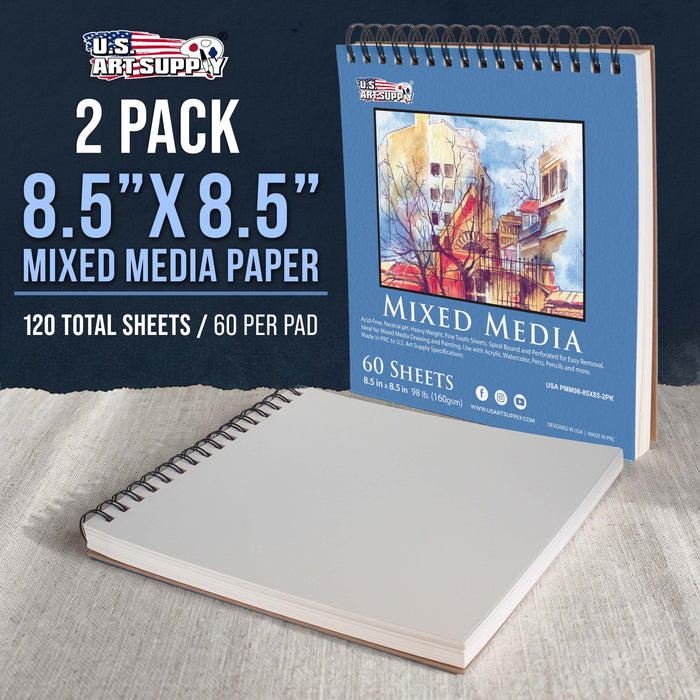 8.5 x 8.5" Mixed Media Sketchbook, 2 Pack (60 Sheets), 98 lb (160 gsm) - Spiral-Bound Pad with Perforated Acid-Free Paper - Artist Sketch Book For Drawing, Painting, Watercolor