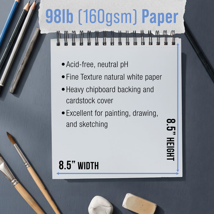 8.5 x 8.5" Mixed Media Sketchbook, 2 Pack (60 Sheets), 98 lb (160 gsm) - Spiral-Bound Pad with Perforated Acid-Free Paper - Artist Sketch Book For Drawing, Painting, Watercolor