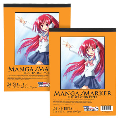 9 x 12" Premium Manga Marker Paper Pad (2 Pack, 48 Sheets Total) - 60lb (100gsm) Drawing Sketchbook for Alcohol & Acrylic Paint Markers