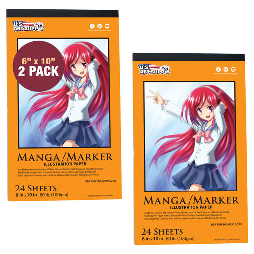 6 x 10" Premium Manga Marker Paper Pad (2 Pack, 48 Sheets Total) - 60lb (100gsm) Drawing Sketchbook for Alcohol & Acrylic Paint Markers
