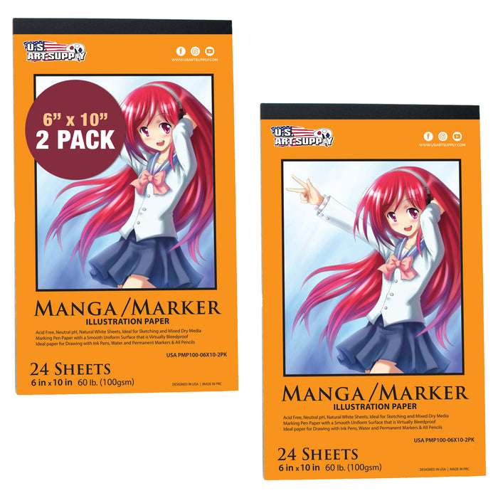 6 x 10" Premium Manga Marker Paper Pad (2 Pack, 48 Sheets Total) - 60lb (100gsm) Drawing Sketchbook for Alcohol & Acrylic Paint Markers